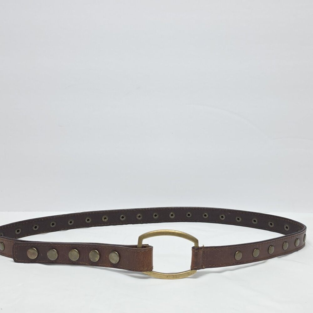 Vintage Brown Leather Brass Tone Buckle Women's Studded Belt Snap Closure M/L